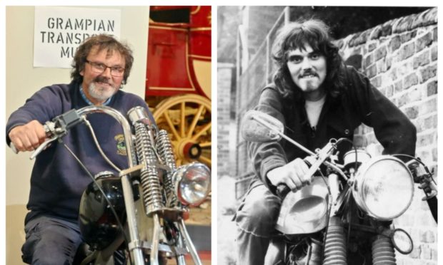 Mike Ward, curator of the Grampian Transport Museum, in 2021 at the age of 65, and with a dramatically different style at the age of 18.  Picture by Kami Thomson.