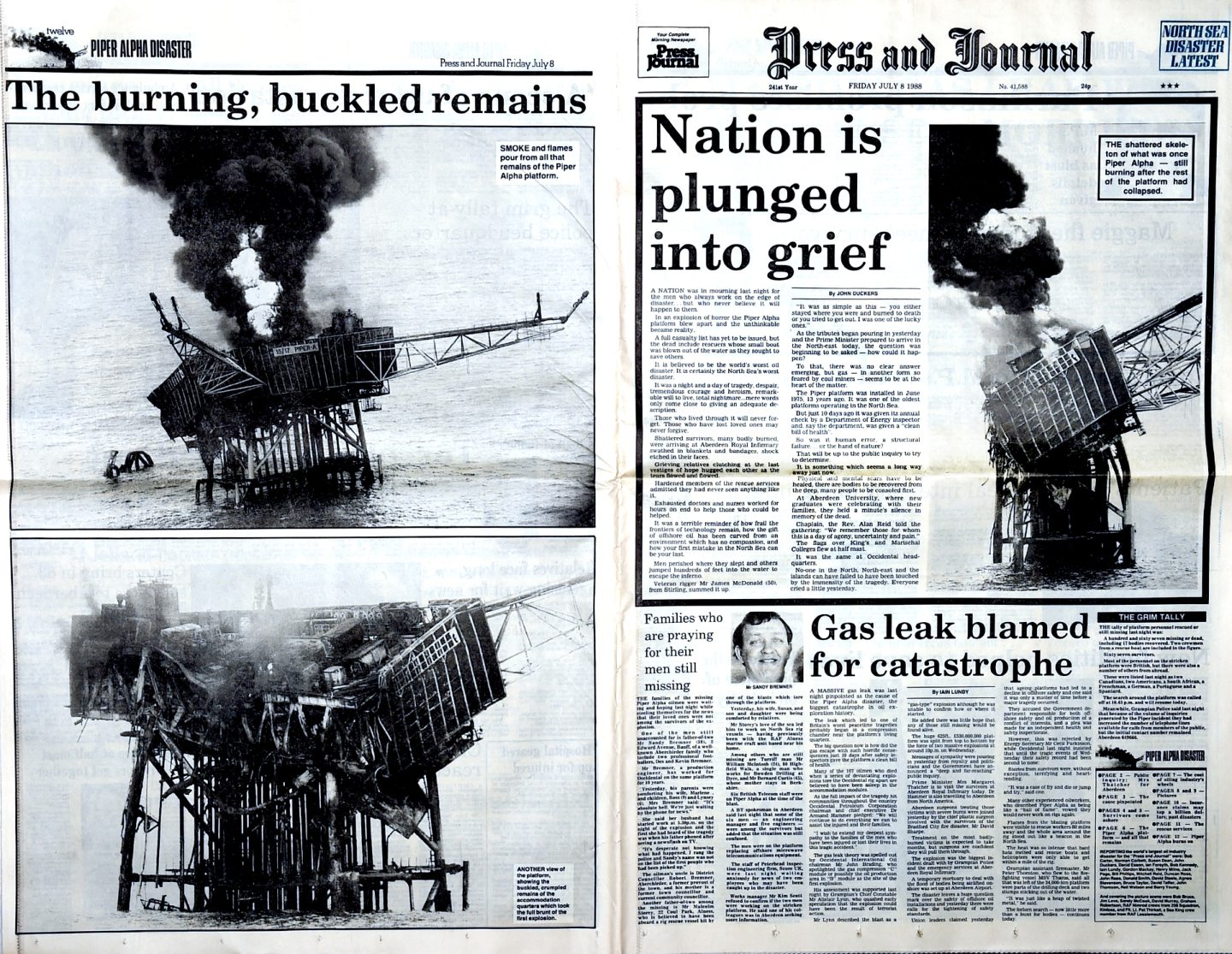 Copies of the Press and Journal, reporting on the story of the Piper Alpha platform in the north sea on Friday the 8th of July 1988. In the picture are pages twelve, left and page one, of a wrap around supplement of the paper. 