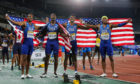 Isiah Young, Justin Gatlin, Noah Lyles and Michael Rodgers of the USA after the mens 4x100m relay final during the 2019 IAAF World Relay Championships