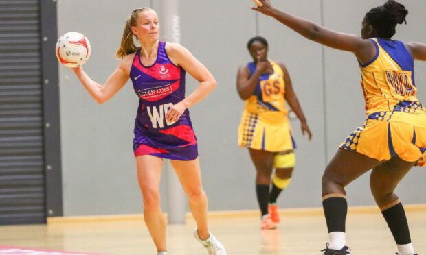Claire Maxwell of the Scottish Thistles during the Netball Test match between Scottish Thistles and Barbados Bajan Gems at Emirates Arena. Photo by Colin Poultney/ProSports/Shutterstock.