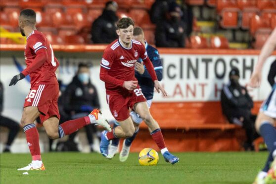 Calvin Ramsay during a 2-1 defeat of Dundee. Ramsay was a crossing machine at times for the Dons.