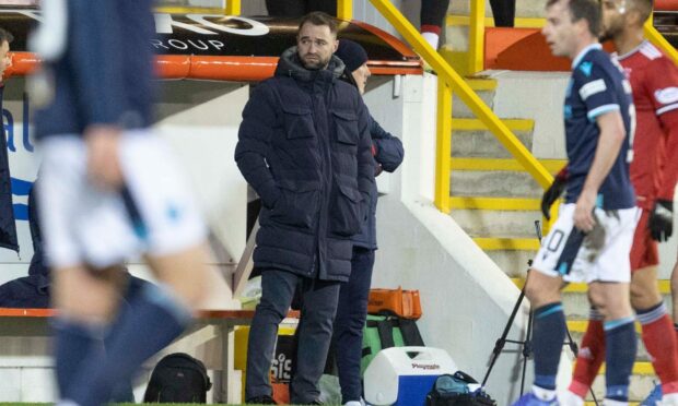 Dundee boss James McPake during the 2-1 defeat against Aberdeen.