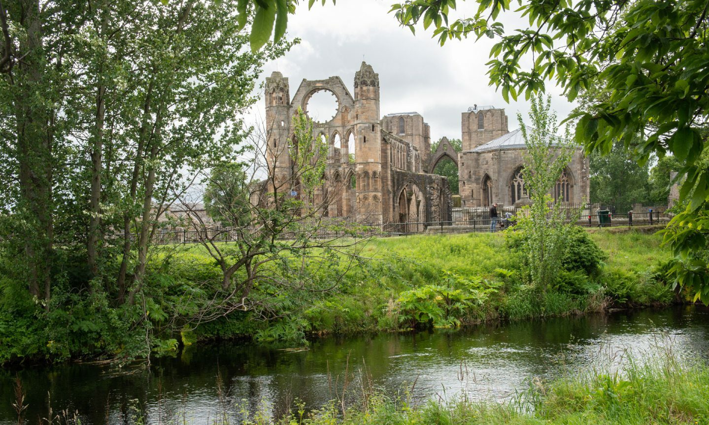 Elgin Cathedral from across the River Lossie.