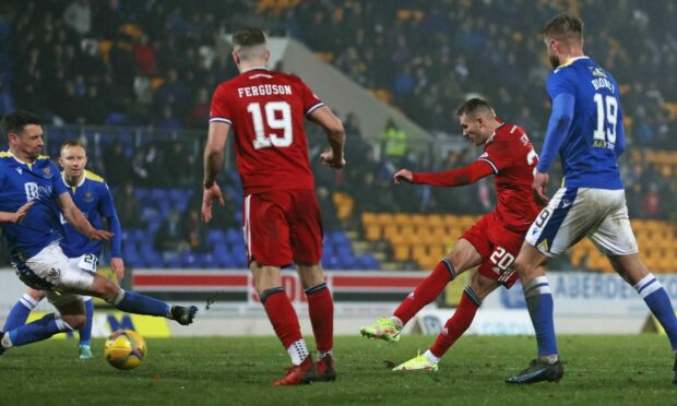 Aberdeen's Teddy Jenks makes it 1-0 against St Johnstone - having handled the ball in the build-up.