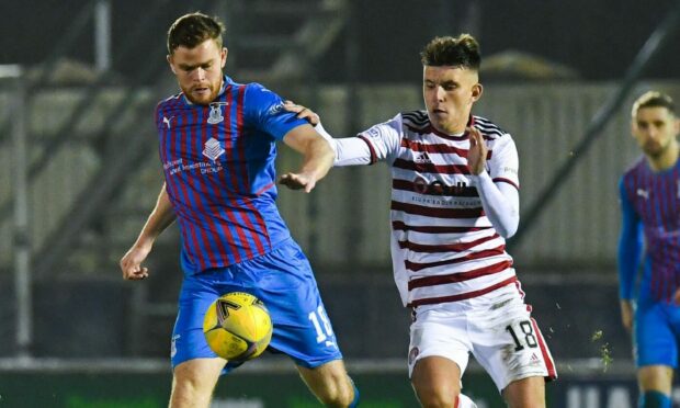 Caley Thistle midfielder Scott Allardice and Hamilton's Reece Mimnaugh.