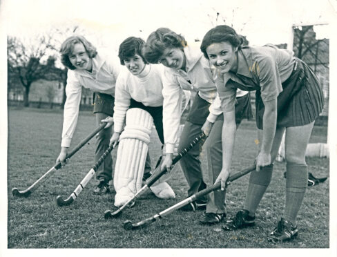 1978 - Lyn Aitken, Debbie Abel, Ruth Hutchison and Claire Fitzpatrick, all members of the Scottish team and reserve team taking part in a hockey tournament at the Aberdeen University playing fields