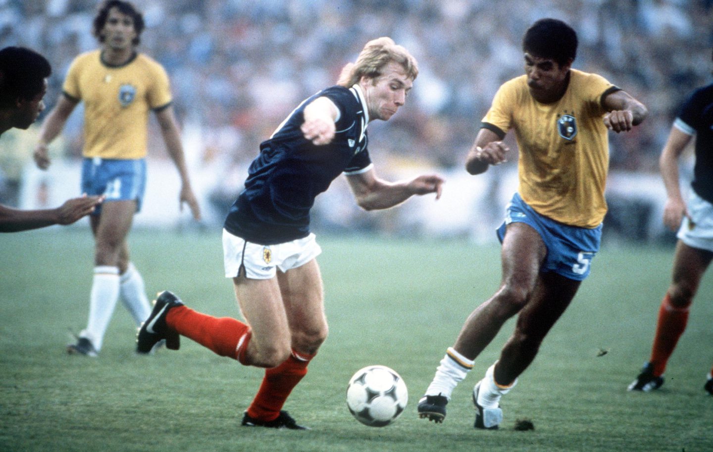Steve Archibald in action on the football pitch against Brazil at the 1982 World Cup