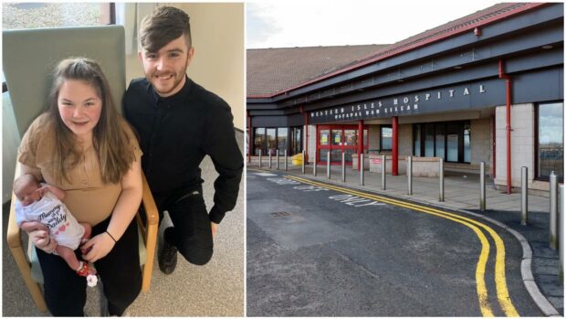 Annice Macleod and Connor Maciver with baby Leo, and the Western Isles Hospital where the boy was born.