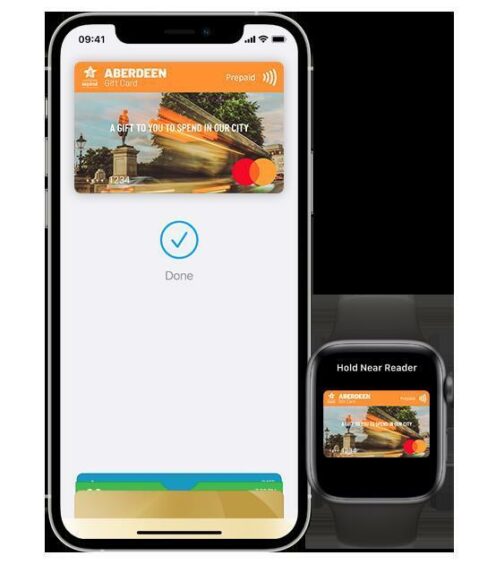 Aberdeen Gift Card on iPhone and Apple Watch.