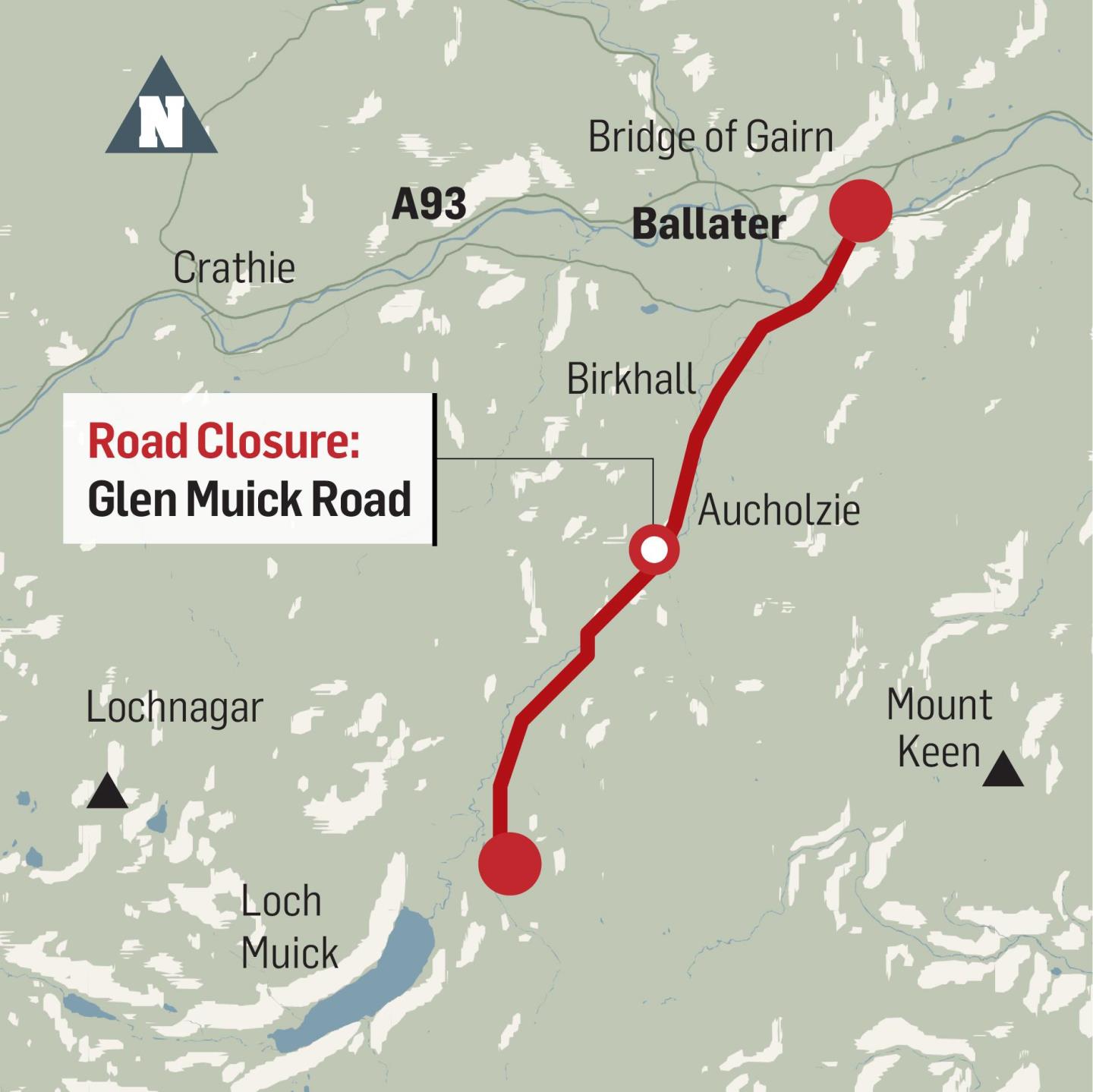 A map showing a the diversion on Glenmuick road