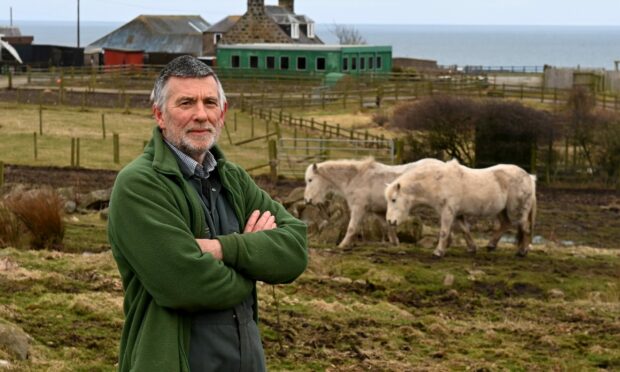 Graham Lennox with sheep and farmland in the background.