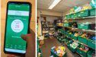 Collage showing BanktheFood app on a mobile phone and a foodbank store room.