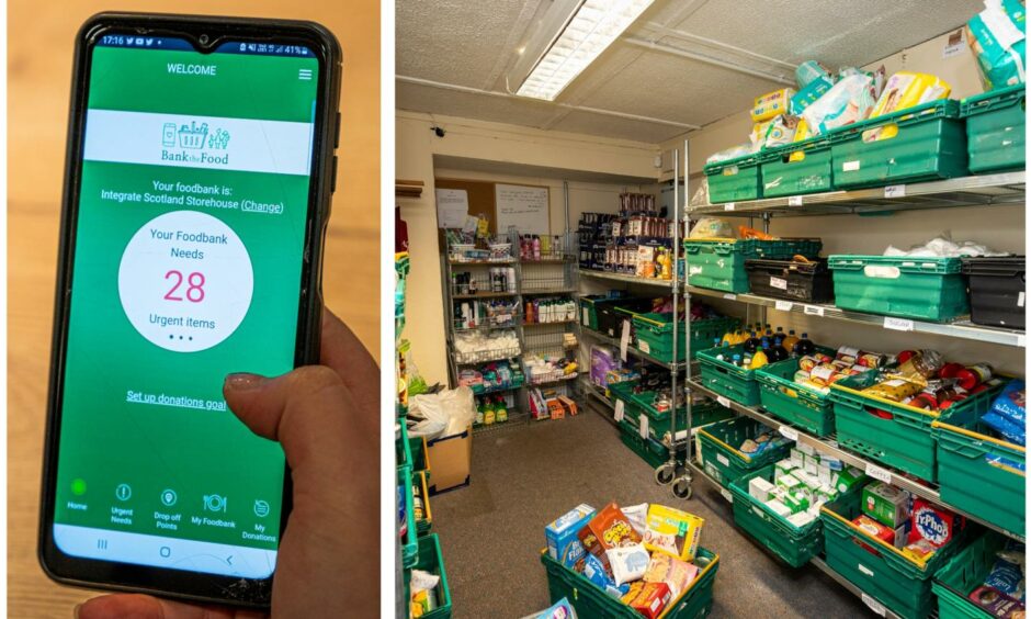 Collage showing BanktheFood app on a mobile phone and a foodbank store room.