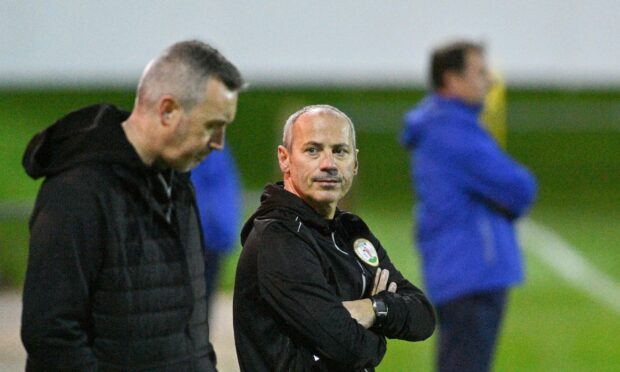 Forres Mechanics assistant manager Steven MacDonald, left, and manager Gordon Connelly