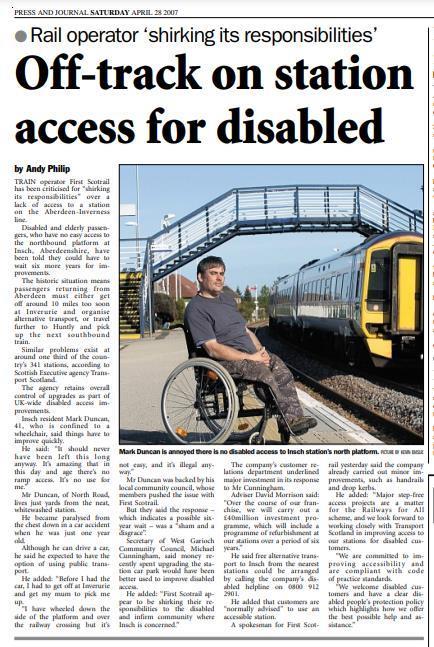 A page of the P&J, headline reads 'Off-track on station access for disabled'