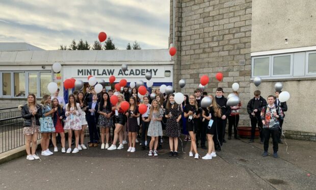 Senior pupils celebrate Mintlaw Academy's 40th birthday.