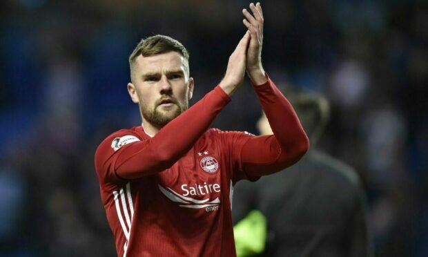 Aberdeen's Mikey Devlin at full time after a 0-0 draw with Rangers at Ibrox in February 2020,