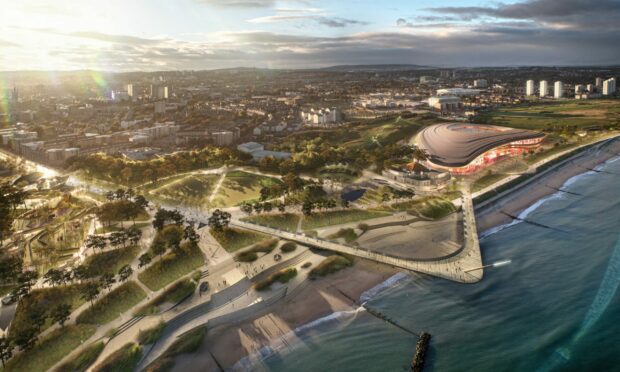 A futuristic image of how Aberdeen FC's new stadium by the beach might look.