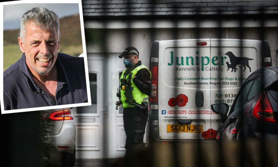 Police at Juniper Kennels and Cattery, after the tragic death of 55-year-old Adam Watts (inset).