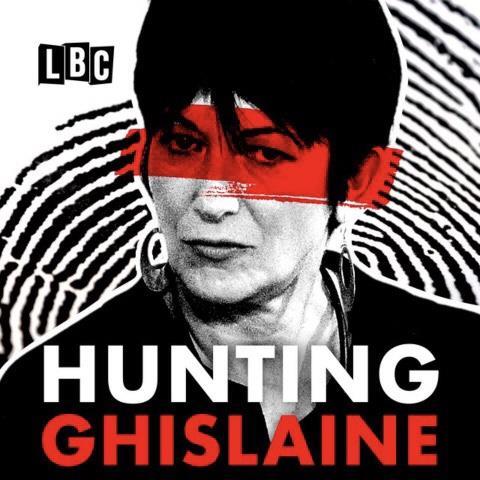 A headshot of Ghislaine Maxwell with a red band across her eyes and a fingerprint in the background with the name of the true crime podcast 'hunting ghislane' at the bottom