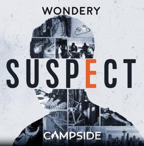 Image made up of black and white crime scene photos creating the silhouette of a man's head, with the words, 'Wondery, Suspect' by 'Campside'