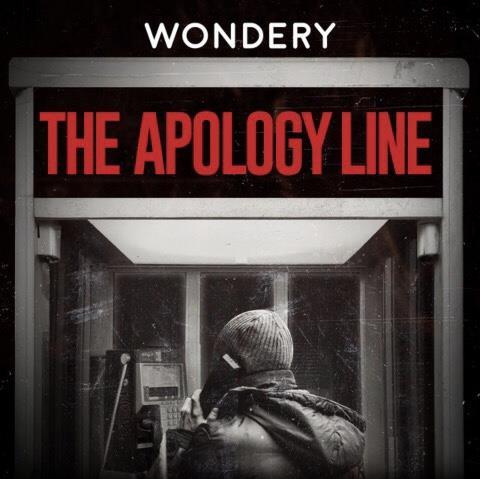 The image of a man in a telephone box with the receiver to his ear, with the words 'The Apology Line' - a true crime podcast - at the top of the callbox