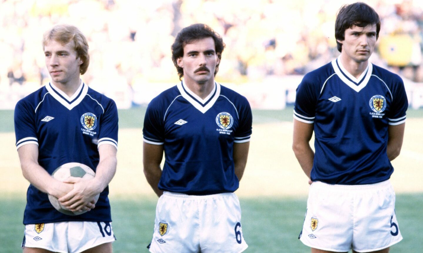 Scotland's Steve Archibald (left), Willie Miller and Alan Hansen line up ahead of a World Cup finals clash with Brazil in June 1982.