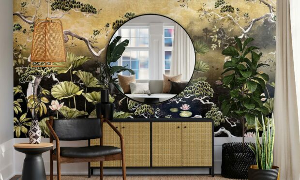 This Orient gold wall mural by Avalana (£295) plays with the perception of the space.