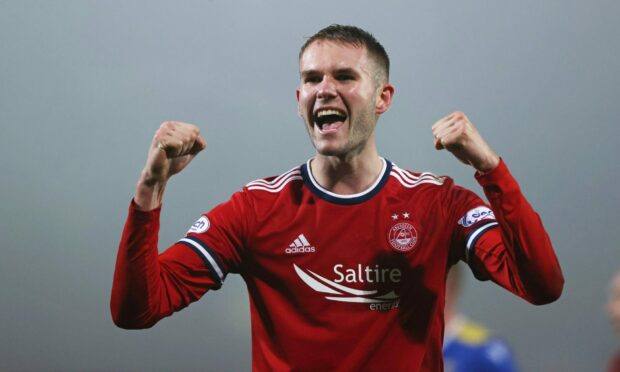 Teddy Jenks celebrates scoring for Aberdeen against St Johnstone. Image: SNS