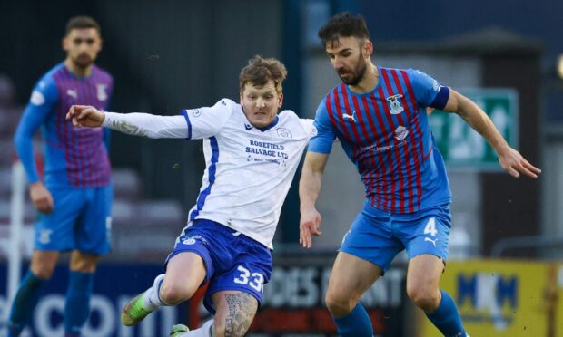 Caley Thistle's Sean Welsh, right, challenges Queen of the South's Willie Gibson in last weekend's 2-2 draw.