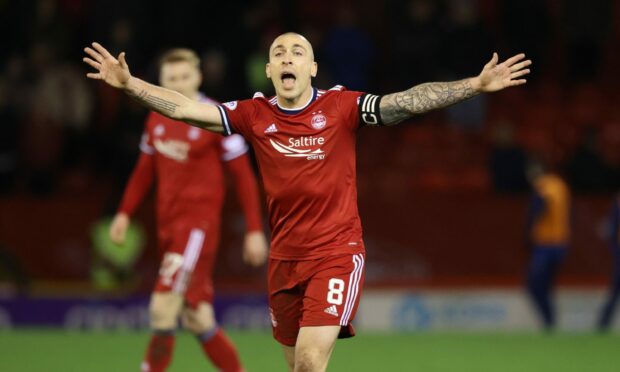 Scott Brown taunts during a Cinch Premiership match between Aberdeen and Rangers at Pittodrie, on January 18, 2022,