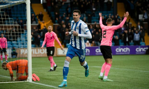Kyle Lafferty scores for Kilmarnock against Caley Thistle at Rugby Park.
