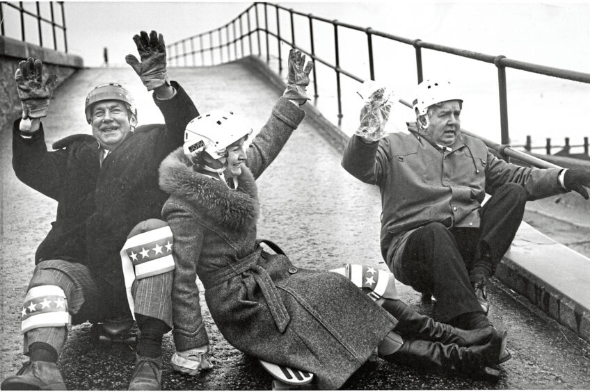 1978 - Conservative councillor Richard Gallagher, 
left, and Labour councillor Margaret Wilson enjoy a spin on skateboards at the  beach promenade, but Tory councillor G Murray 
Park appears a little unsure of himself
