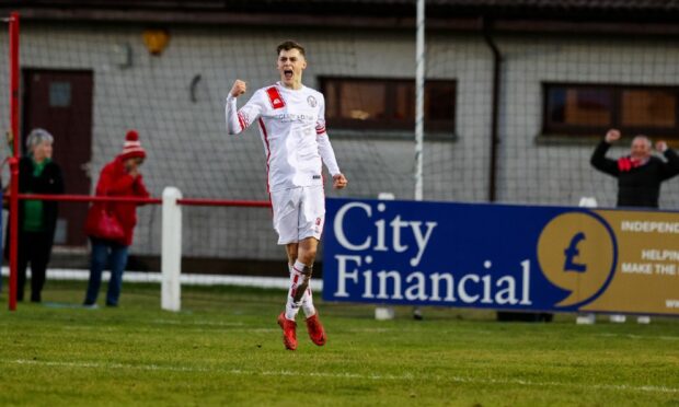 Brechin's Ewan Loudon celebrates his 2nd goal for the vistors.