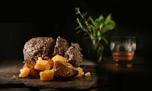 Traditional Burns supper of haggis, neeps and tatties - and a dram.