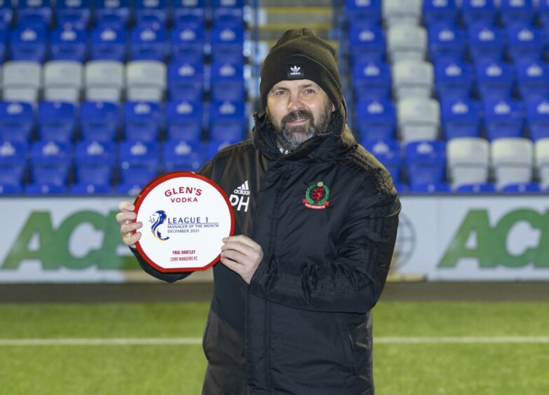 Cove Rangers manager Paul Hartley receives the League One manager of the month award for December. Photo by Dave Cowe