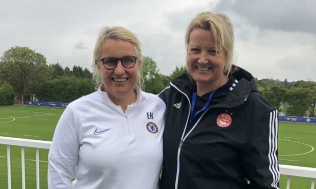 Chelsea Women head coach Emma Hayes, left, with Aberdeen co-boss Emma Hunter. Picture supplied by Emma Hunter.