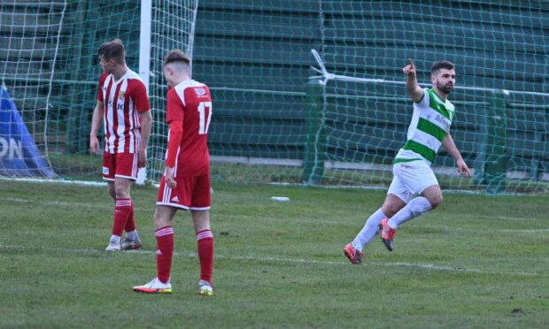 Andy MacAskill celebrates after netting for Buckie Thistle. Picture by Jason Hedges.