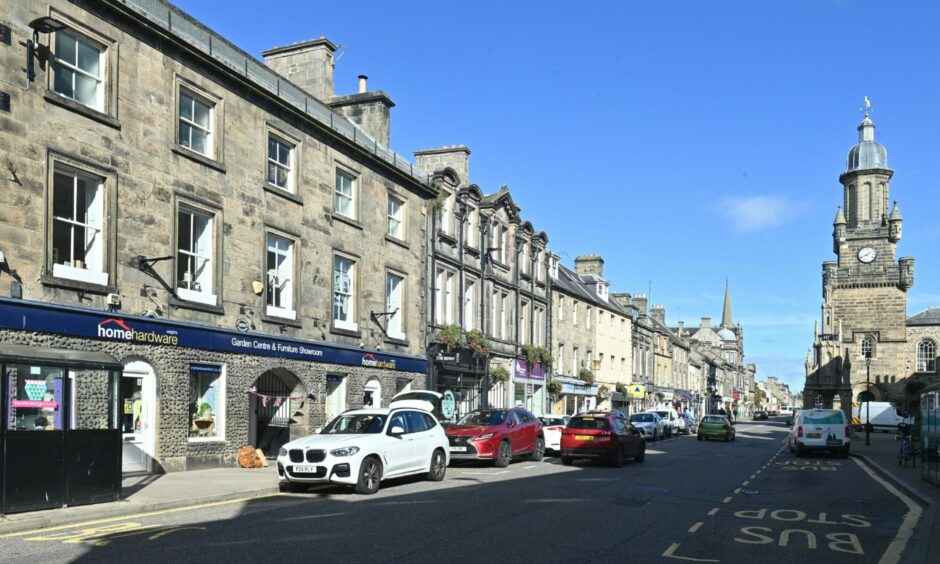 A general view of Forres High Street featuring the Tolbooth. 