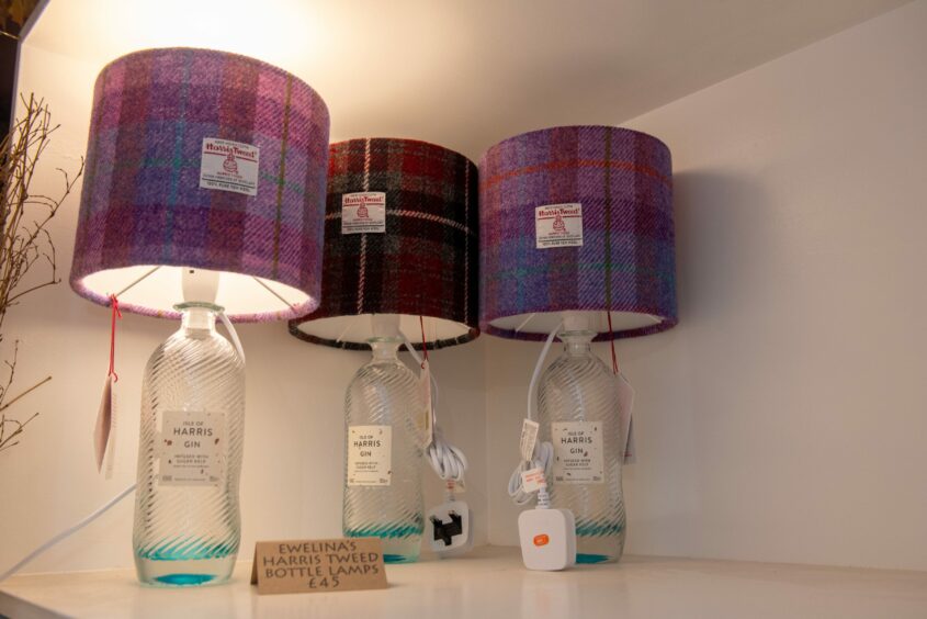 Handmade harris tweed lamps, with harris tweed lampshades and isle of harris gin bodies