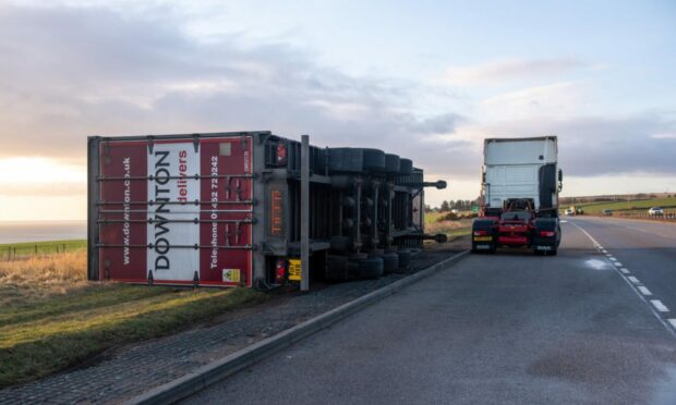A lorry was blown onto its side on the A90 near Stonehaven. Photo: Kath Flannery/DCT Media