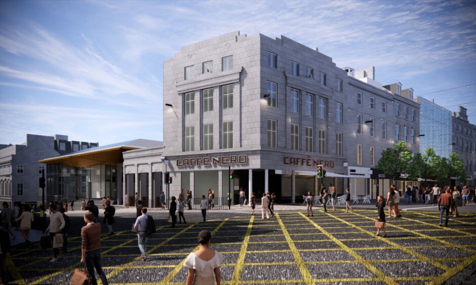 The corner of Union Street and Market Street, shown here in a concept image from Aberdeen City Council of the planned market development.