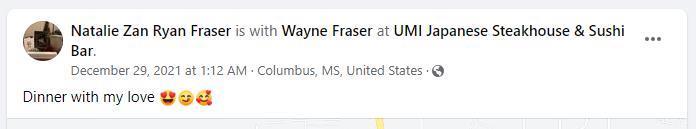 Screenshot of Natalie Ryan-Fraser's final Facebook post before she was shot dead by her husband Wayne Fraser. Post reads: 'Dinner with my love'.