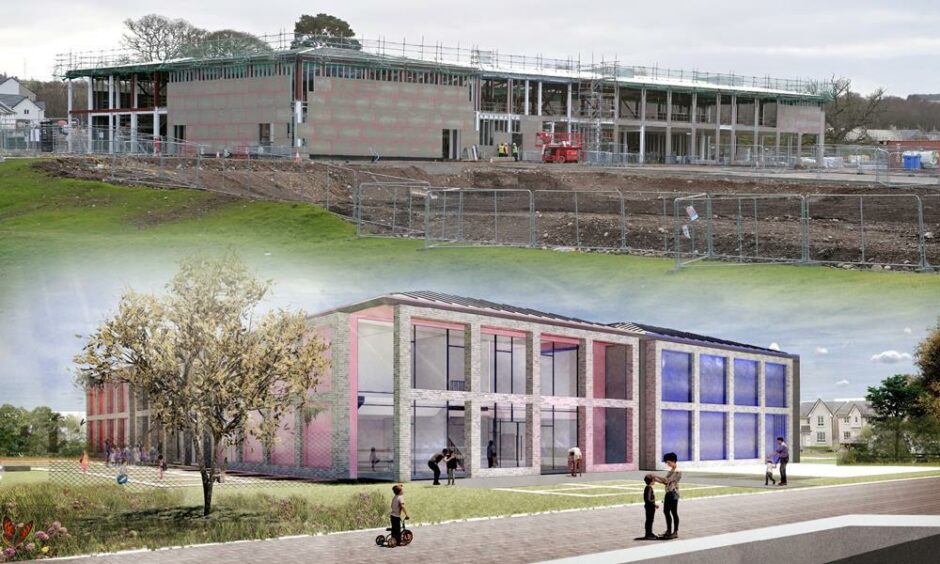 Ness Castle Primary school. Photo shows an artist's rendition of the finished product and a current view of the construction site, with the outer structure partially complete.