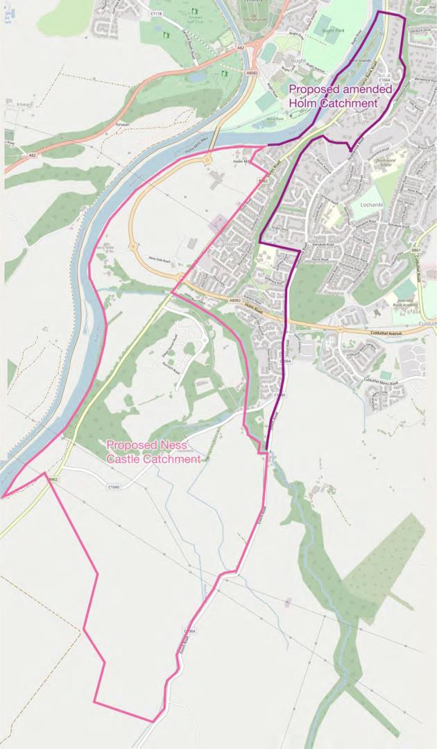 Ness Castle Primary catchment map, showing an area along the east side of the River Ness, south of Holm. 