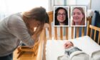 Stressed mother resting her head on crib where her crying baby son lies, whilst Aberdeen mental health experts photos are above