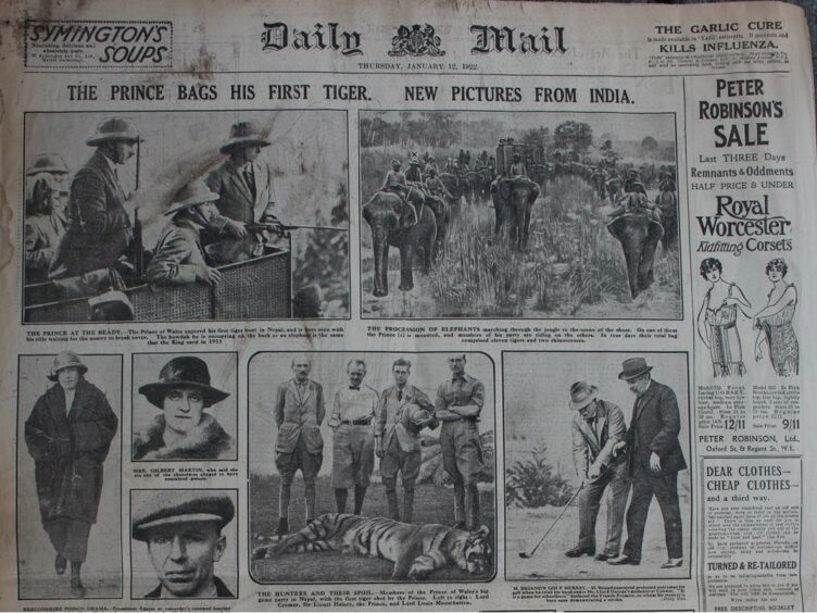 Images of the then Prince of Wales on a tiger hunt in Nepal.