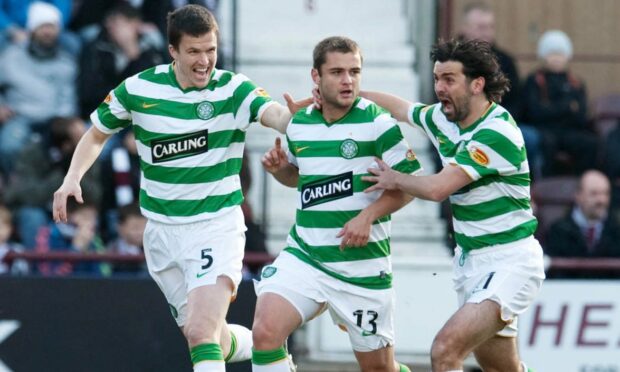 Cove Rangers manager Paul Hartley, right, in his playing days with Hibernian management duo Gary Caldwell and Shaun Maloney