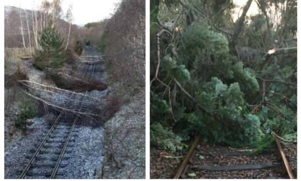 Two pictures showing trees blocking the Inverness to Wick train line after Storm Corrie.