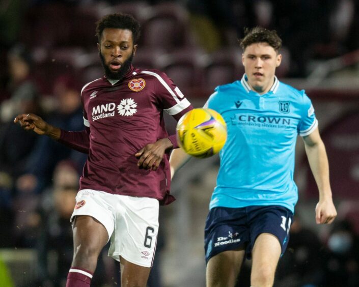 Josh Mulligan in action for Dundee against Hearts in midweek
